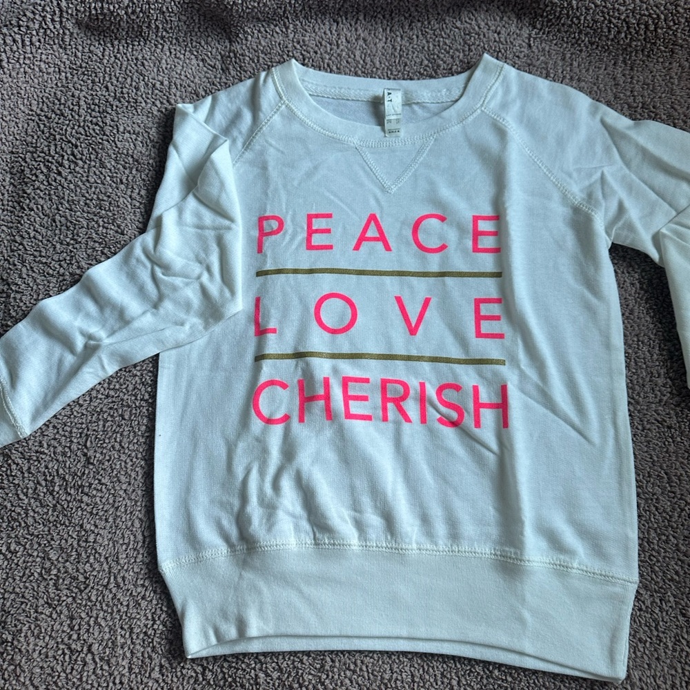 White Sweatshirt with Pink and Gold Text